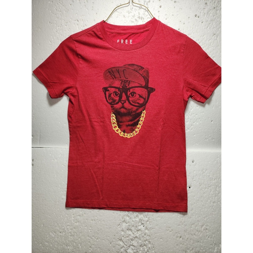 Free State T-Shirt Mens Small Red NYC Cat Printed Round Neck Short Sleeve